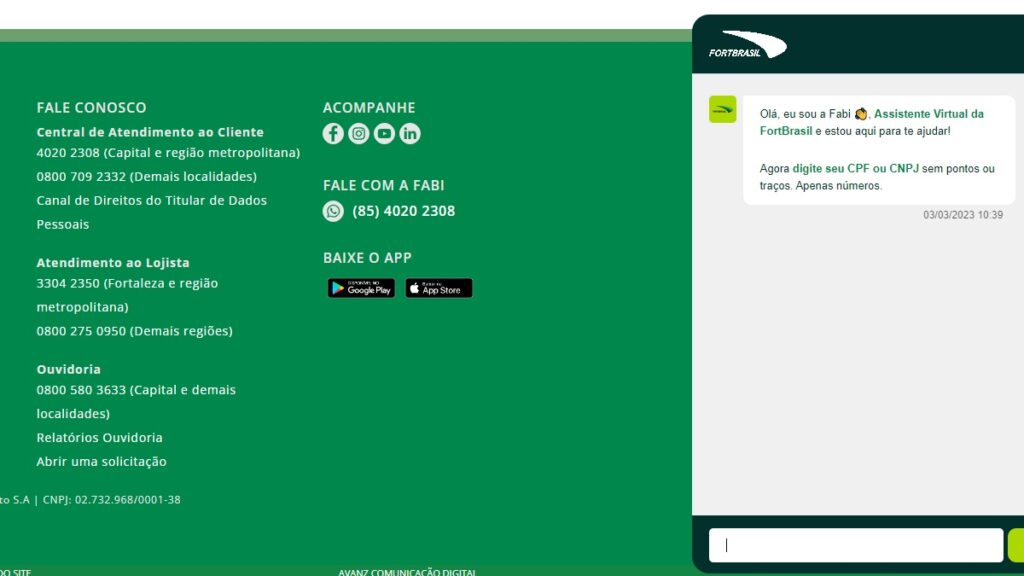 FortBrasil WhatsApp: telefones, ouvidoria, 0800 e demais formas de contato! 3 Print Screen do chat online da Fort Brasil.
