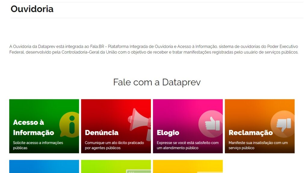 Dataprev Telefone WhatsApp: Telefones, e-mail, SAC, 0800 e muito mais! 2 Print Screen da página de ouvidoria do site da Dataprev.