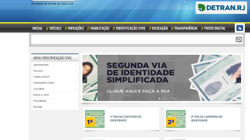 Print Screen da página para tirar a 2 via do RG no Detran RJ. 