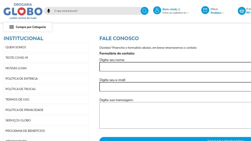 Print Screen do Fale Conosco da Drogaria Globo.