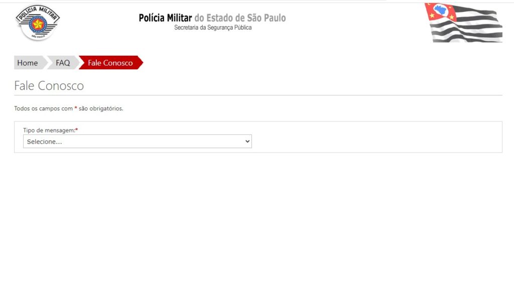 WhatsApp Polícia Militar SP: Telefones, 190, Boletim de ocorrência e muito mais! 2 Print Screen da página de Fale Conosco da Polícia Militar de São Paulo.