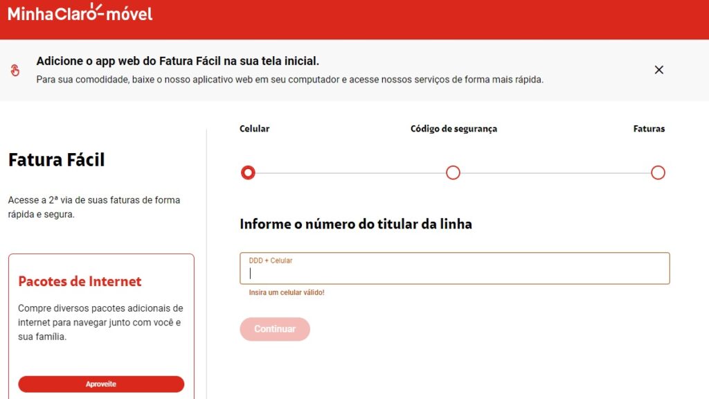 Pagar fatura Claro com cartão de crédito: Veja como fazer! 2 Print Screen da página de Fatura Fácil da Claro. Foto: Reprodução.