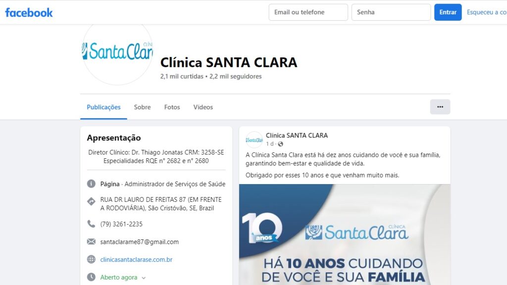 Print Screen da página no Facebook da Clínica Santa Clara.
