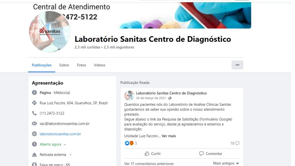 Print Screen do perfil do Facebook da Sanitas. 