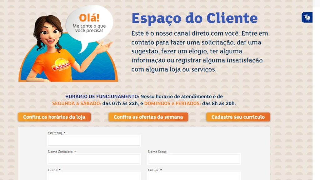 Print Screen do formulário de contato da Assaí Atacadista.
