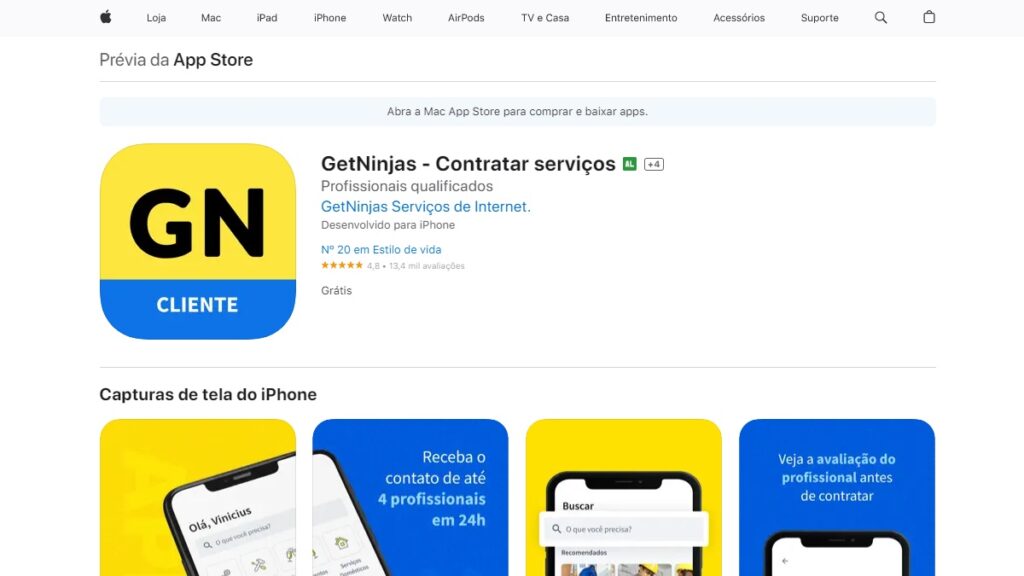 Getninjas WhatsApp: Telefone, e-mail, aplicativo e demais contatos! 2 Print Screen do aplicativo da Getninjas na Apple Store.
