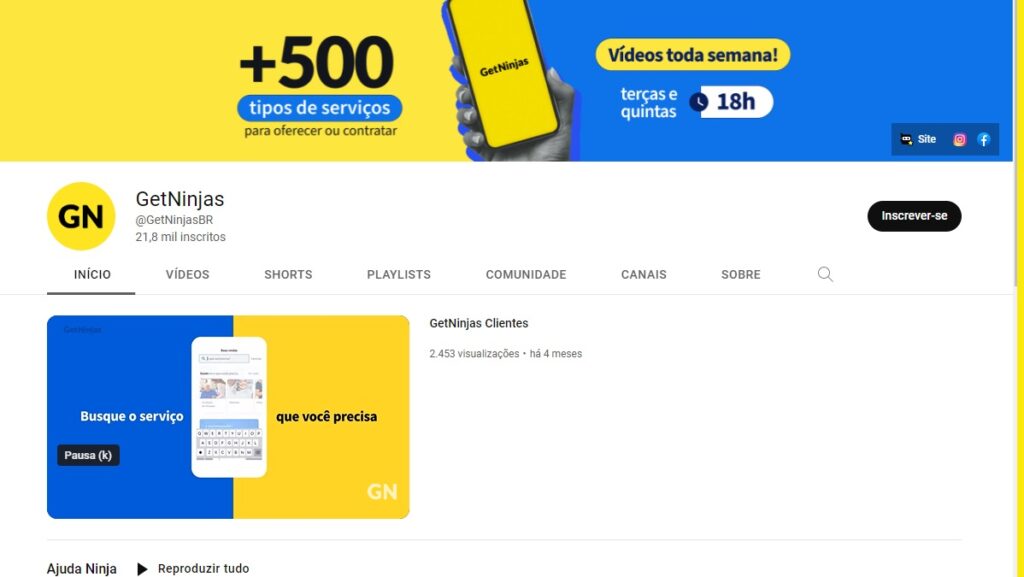 Getninjas WhatsApp: Telefone, e-mail, aplicativo e demais contatos! 3 Print Screen do canal do Youtube da Getninjas.