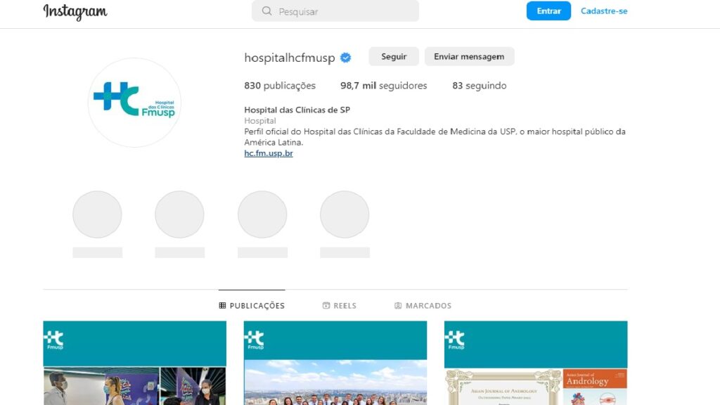 Hospital das Clínicas Telefone: WhatsApp, e-mail, 0800, ouvidoria e muito mais! 2 Print Screen do perfil no Instagram do Hospital das Clinicas.
