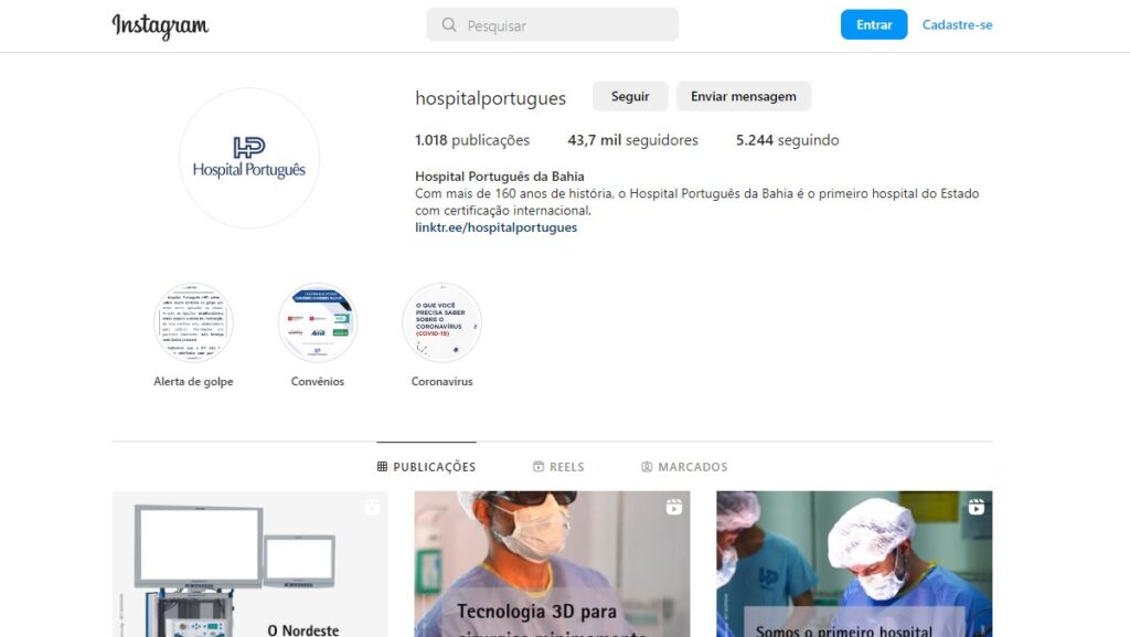 Hospital Português telefone: WhatsApp, 0800, e-mail e demais contatos 2 Print Screen do Instagram do Hospital Português.