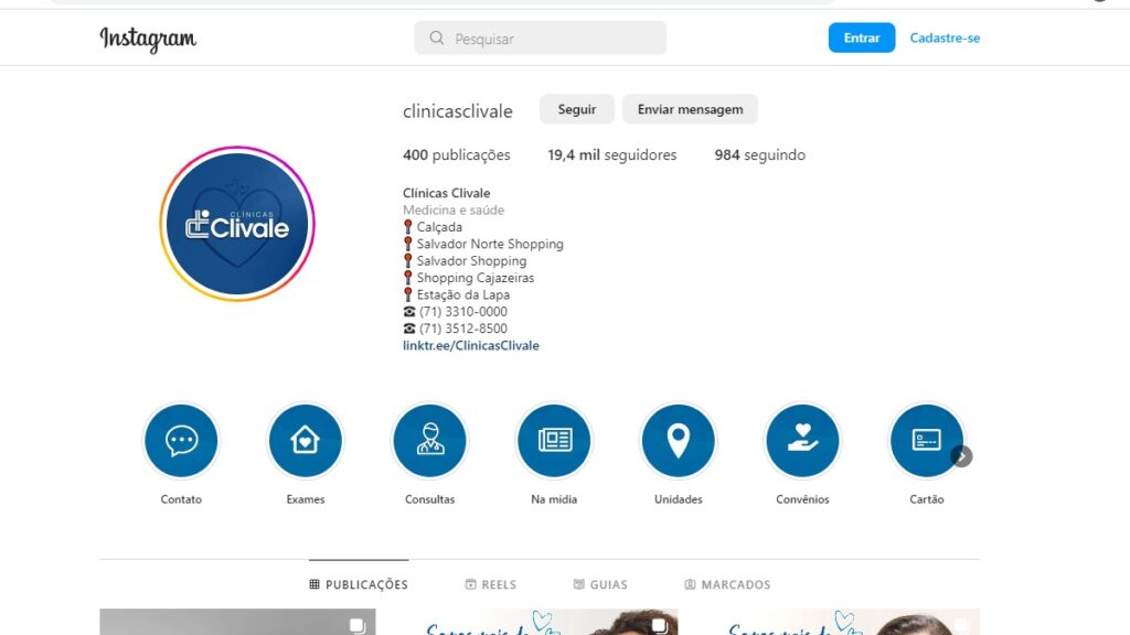 Clínica Clivale WhatsApp: Telefones, e-mail, 0800 e demais formas de contato! 2 Print Screen do perfil do Instagram da Clivale.