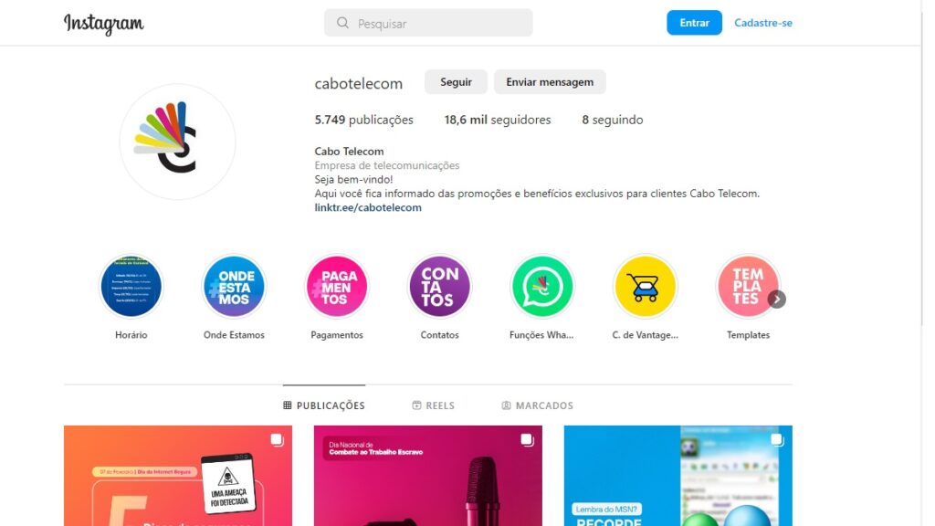 Print Screen do perfil do Instagram da Cabo Telecom.