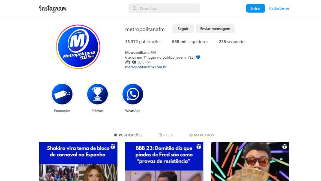 WhatsApp Metropolitana: Formas de contato e como realizar um anúncio na rádio! 4 Print Screen do Instagram da Metropolitana FM.