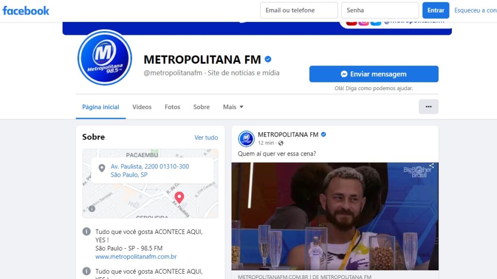 WhatsApp Metropolitana: Formas de contato e como realizar um anúncio na rádio! 2 Print Screen do Facebook da Metropolitana FM.