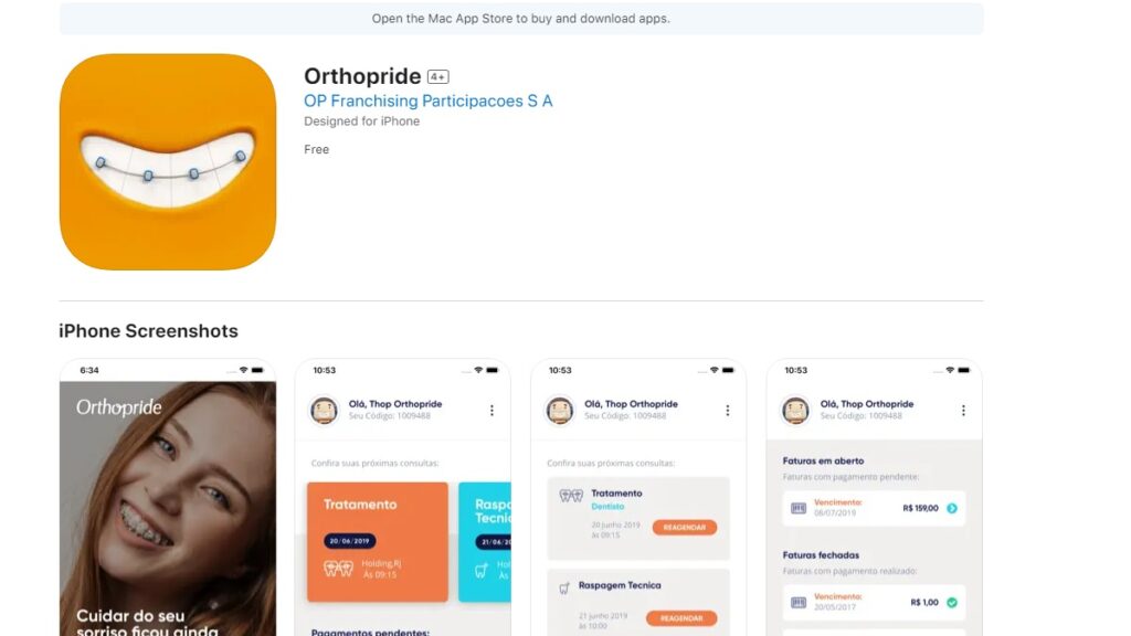 Print Screen do aplicativo da Orthopride na Apple Store.