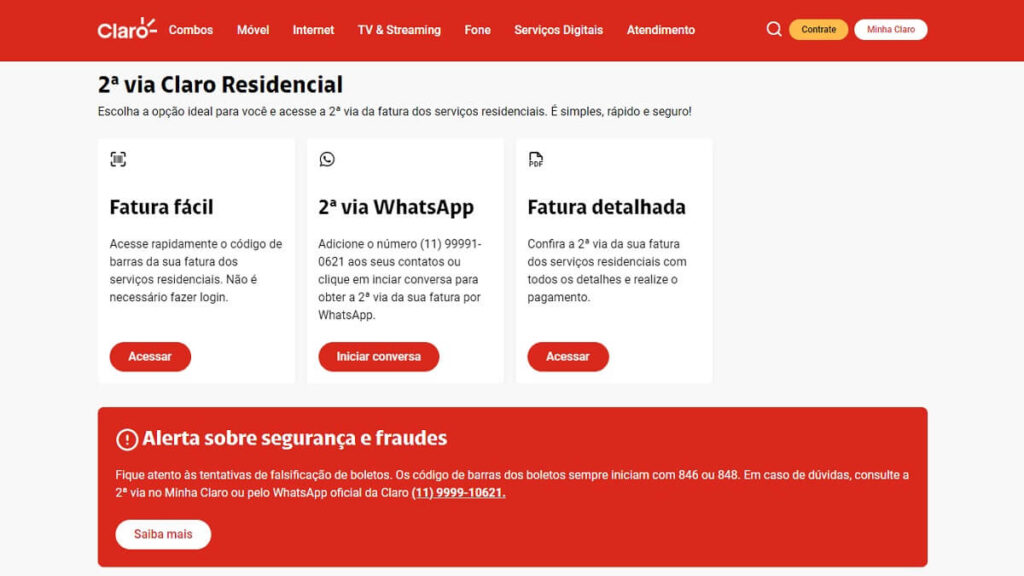 Net 2ª Via da fatura: Veja como emitir uma nova guia do jeito correto! 2 Página de solicitação de fatura Claro Residencial