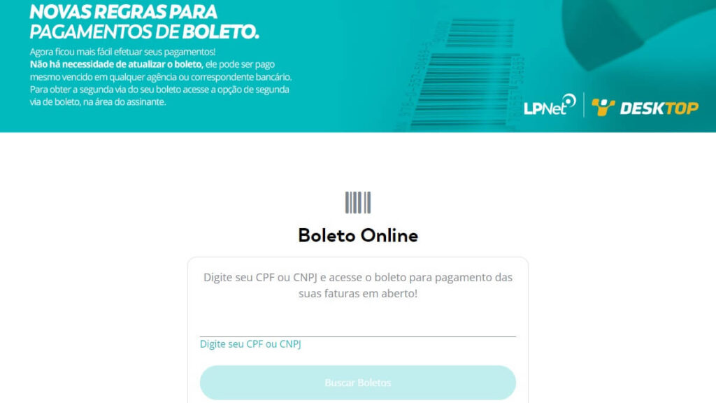 Página de solicitação de boleto no site da LPNet