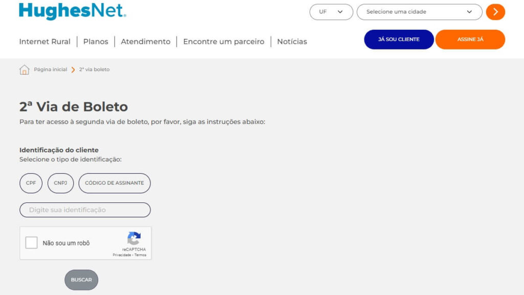 Página de solicitação de segunda via de boleto