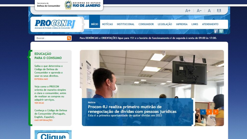 Procon RJ WhatsApp: Telefones, ouvidoria, 0800 e demais contatos! 2 Print Screen da página principal do site do Procon RJ.