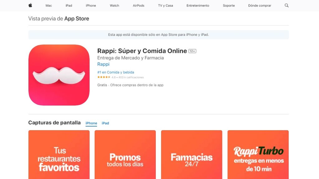 Print Screen do aplicativo Rappi na Apple Store. 