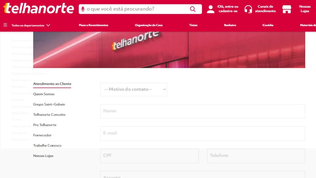 Print Screen do Fale conosco da Telhanorte.