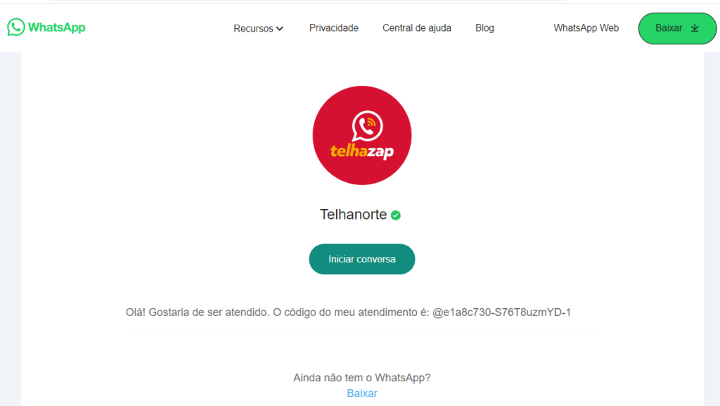 Print Screen do Telhanorte WhatsApp. 