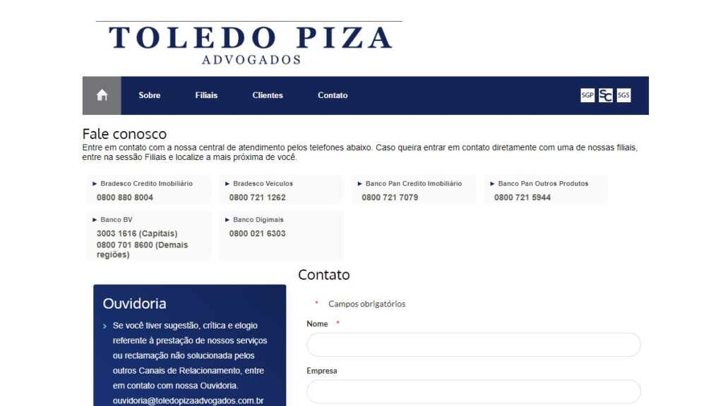 Print Screen da página de contatos da Toledo Piza.