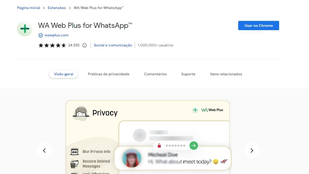 Print Screen da extensão Wa Web Plus no Google Chrome.