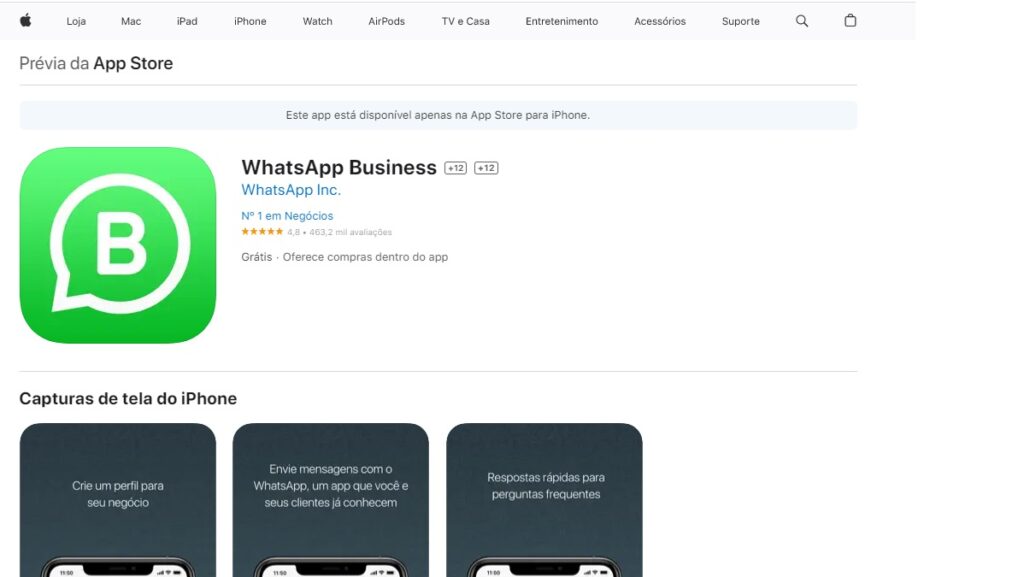 Como mudar o WhatsApp para conta comercial: Veja como usar este recurso do app! 2 Print Screen do WhatsApp Business na loja de aplicativos Apple Store.