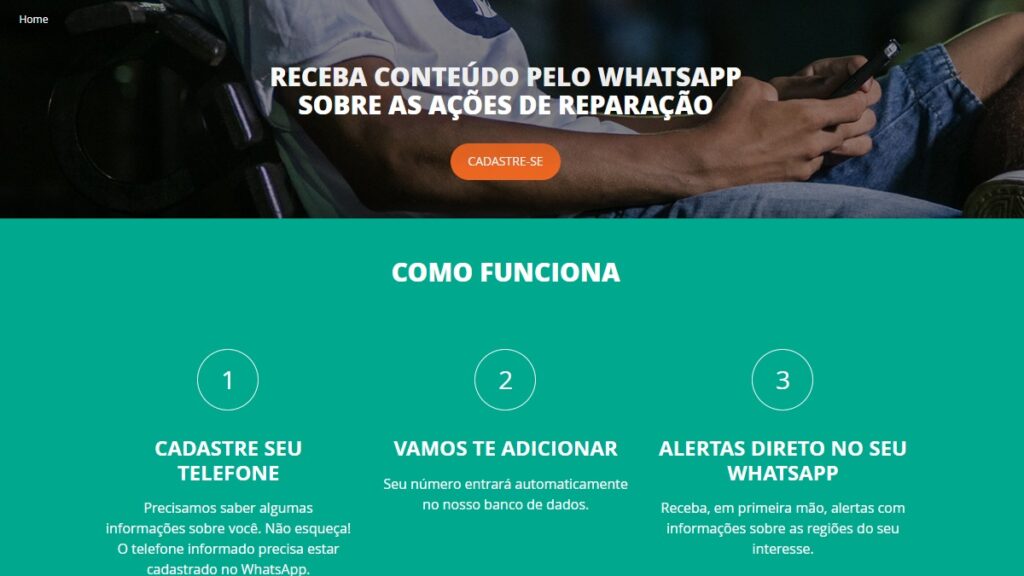 WhatsApp da Fundação Renova: Telefone, ouvidoria, 0800 e muito mais! 2 Print Screen da página de cadastro WhatsApp da Fundação Renova.