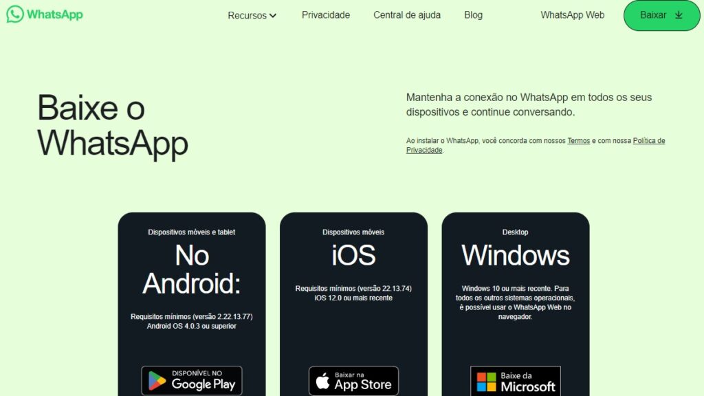 Print Screen da página de download do WhatsApp.