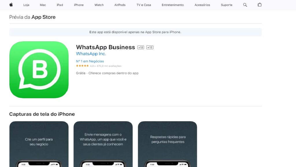 Print Screen do WhatsApp Business disponível na Apple Store.