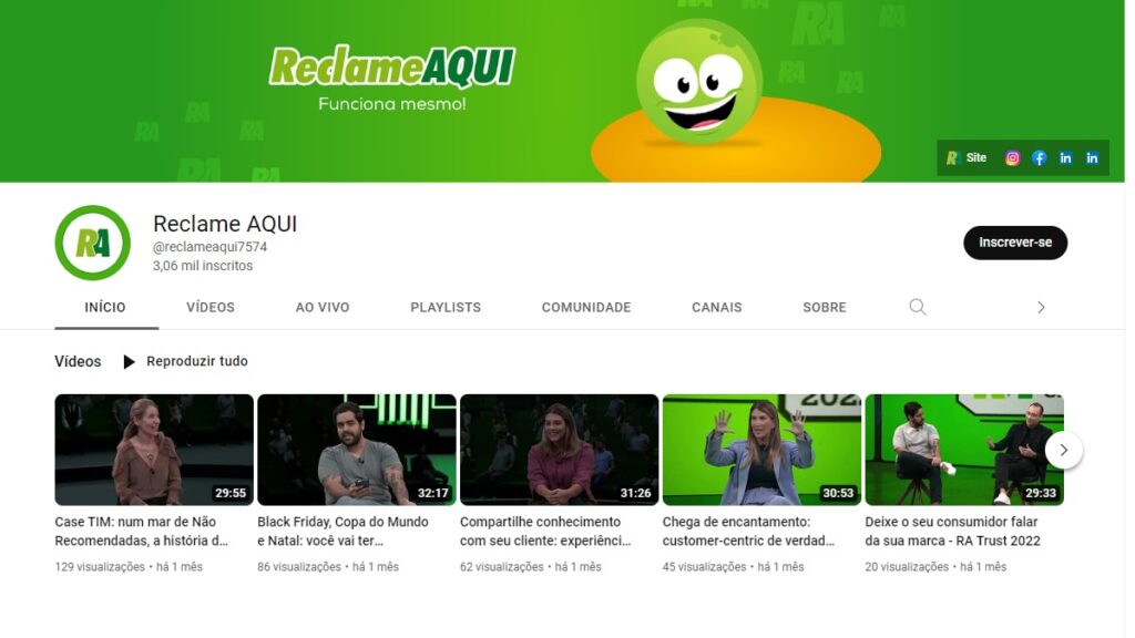 Print Screen do canal do Youtube do Reclame Aqui. 