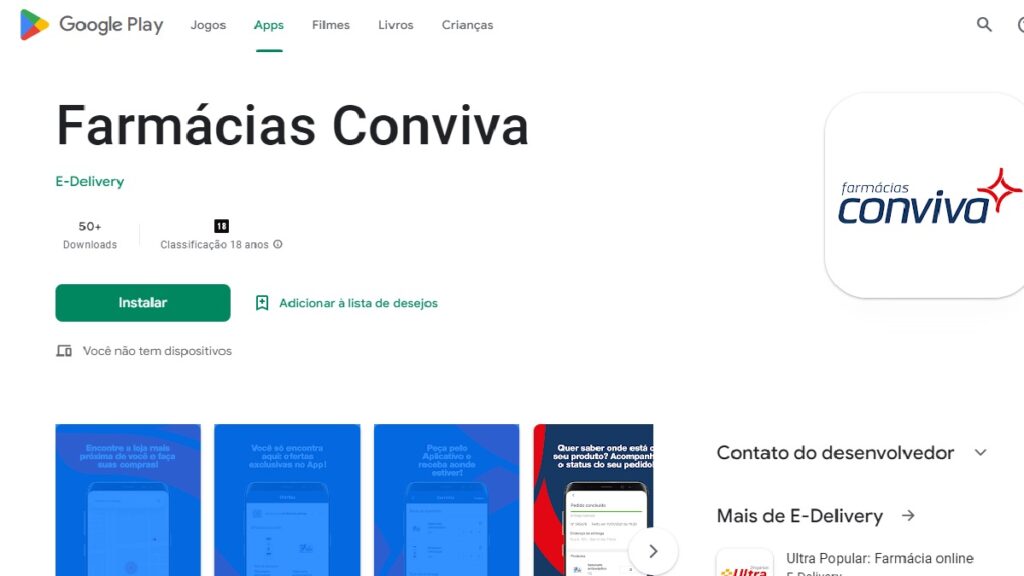 Farmácia Conviva WhatsApp: telefone, 0800, e-mail e demais meios de contato! 2 Print Screen do aplicativo Farmácias Conviva na Google Play Store.