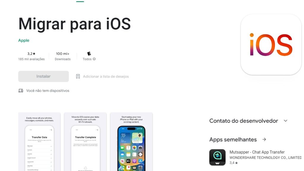 Transferir mensagens WhatsApp Android para Iphone grátis: Veja como utilizar este recurso! 2 Print Screen do aplicativo Migrar para IOS na loja de aplicativos Google Play Store.