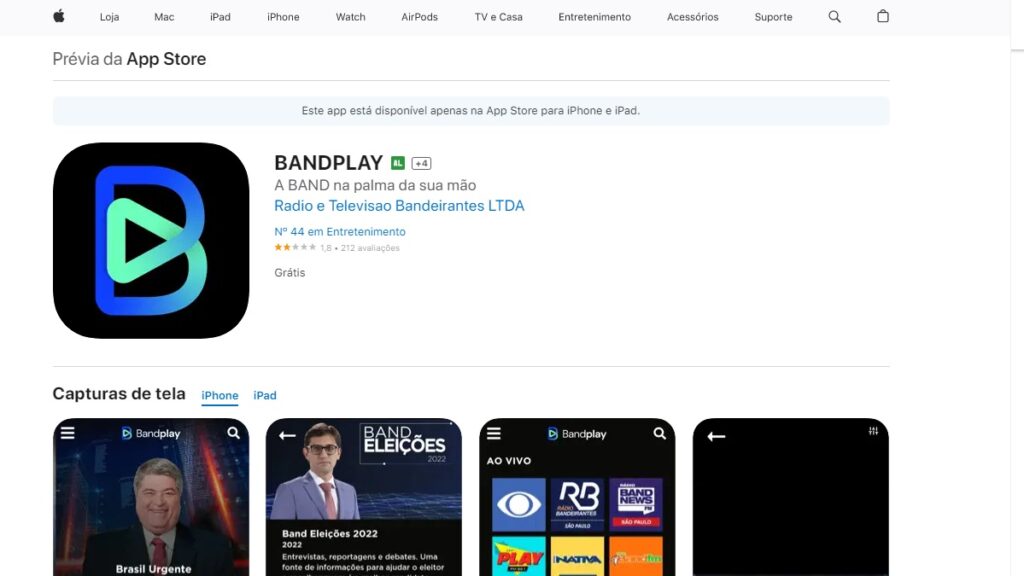 WhatsApp da Band FM: Confira todos os meios de contato! 3 Print Screen do Aplicativo Band Play na Apple Store.