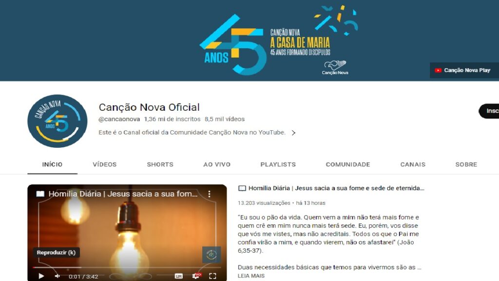 Print Screen do canal no Youtube da Canção Nova.