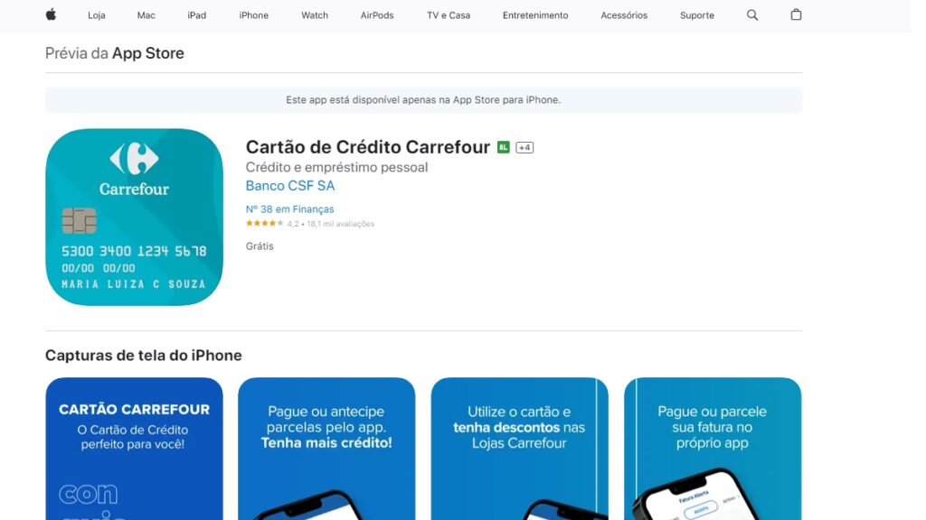 Print Screen do aplicativo do Carrefour na Apple Store.