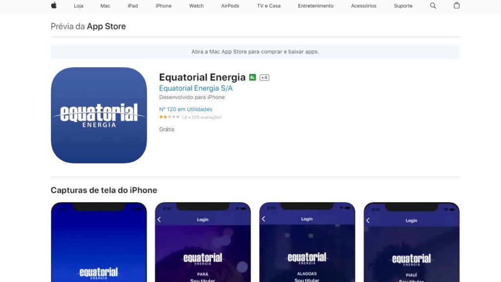 Celpa 2 via: Confira todos os meios para realizar a emissão! 3 Print Screen do aplicativo Equatorial Energia na Apple Store.