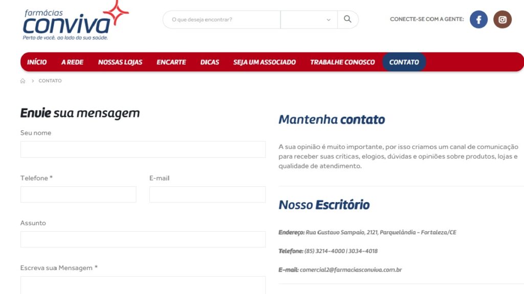 Farmácia Conviva WhatsApp: telefone, 0800, e-mail e demais meios de contato! 3 Print Screen da página de Fale Conosco da Farmácia Conviva.