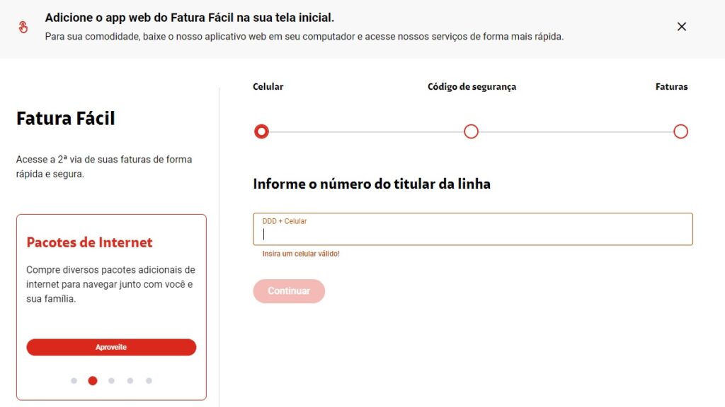 Print Screen da página de Fatura Fácil no site da Claro.