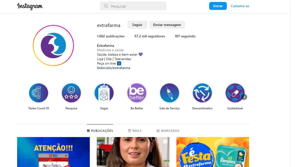Print Screen do perfil no Instagram da Extrafarma.