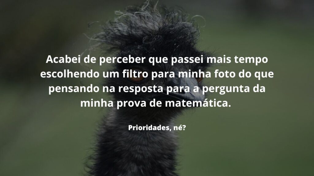 Mensagem para grupo de WhatsApp: Confira 50 mensagens! 2 Acabei de perceber que passei mais tempo escolhendo um filtro para minha foto do que pensando na resposta para a pergunta da minha prova de matemática. Prioridades, né?