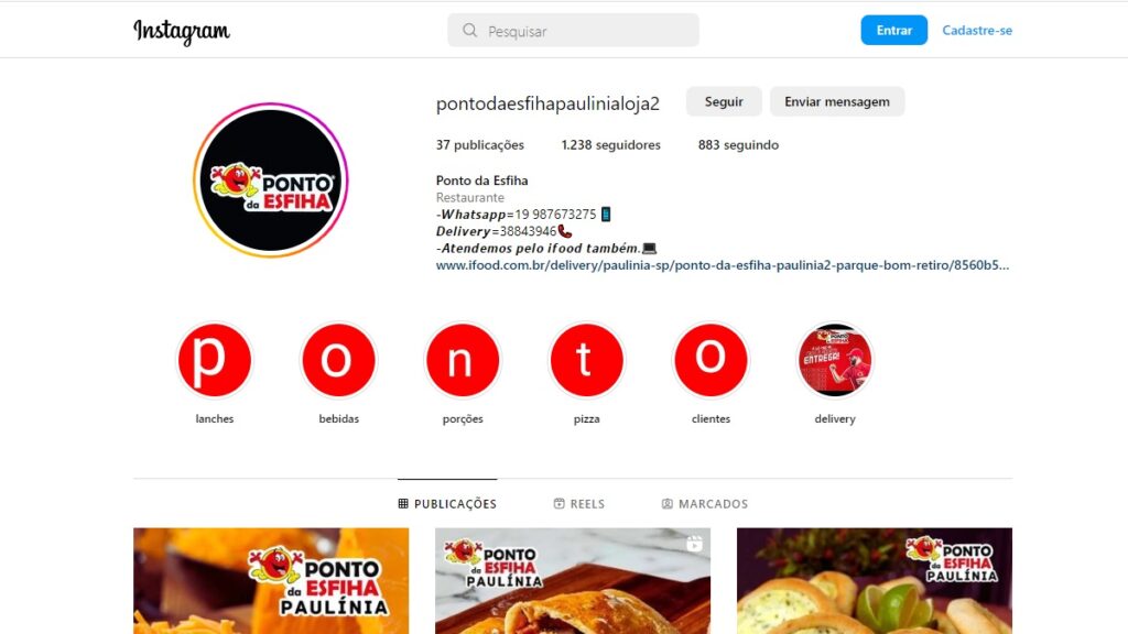 Print Screen do perfil no Instagram do Ponto de Esfiha.