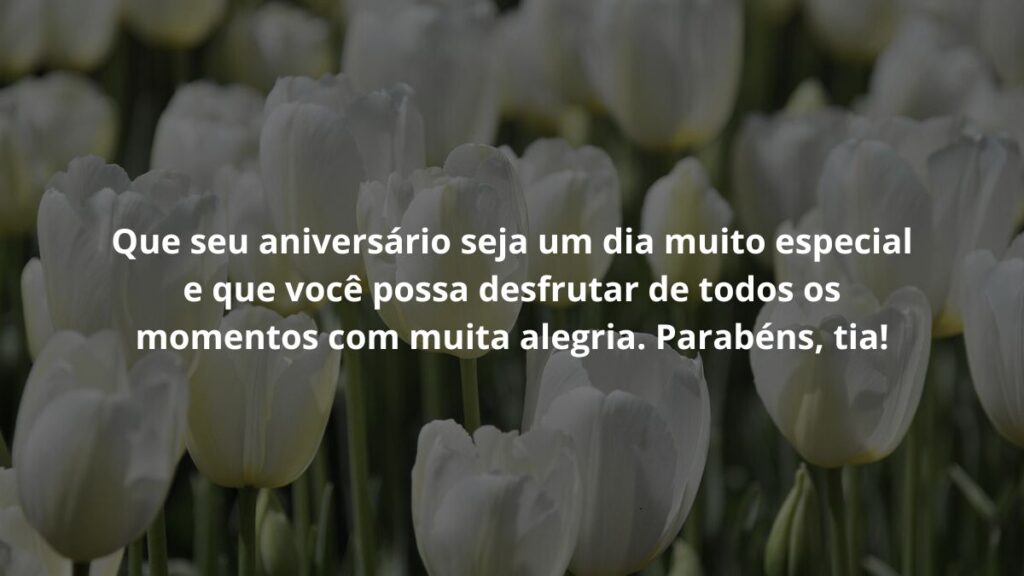 Que seu aniversário seja um dia muito especial e que você possa desfrutar de todos os momentos com muita alegria. Parabéns, tia!