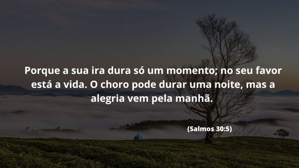 Versículo de bom dia para WhatsApp: Confira 40 opções! 4 Porque a sua ira dura só um momento; no seu favor está a vida. O choro pode durar uma noite, mas a alegria vem pela manhã. (Salmos 30:5)