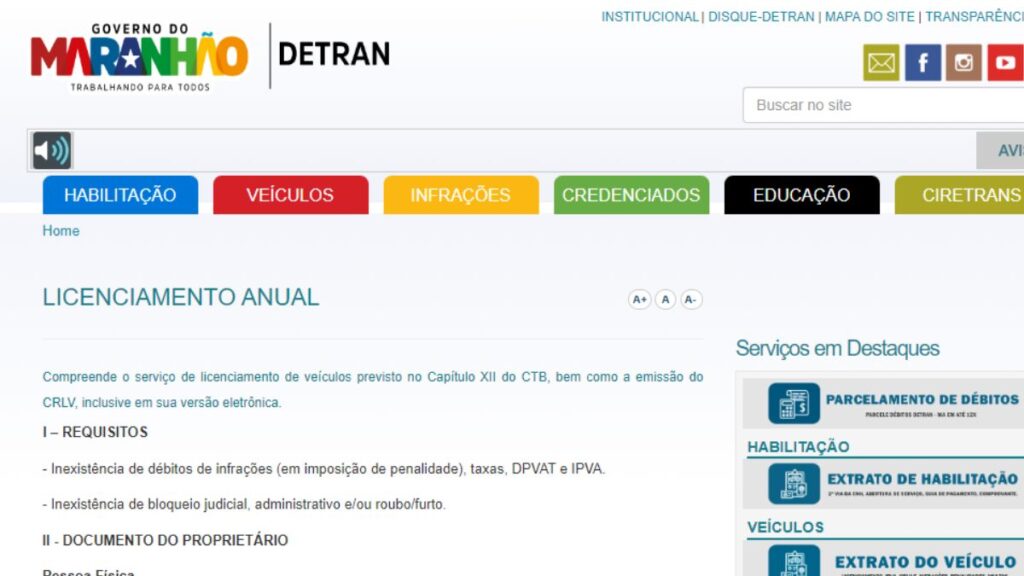 Licenciamento 2024 MA: Tabela, Valor e Pagamento 2 Print Screen do Detran-MA referente a informações sobre o Licenciamento.