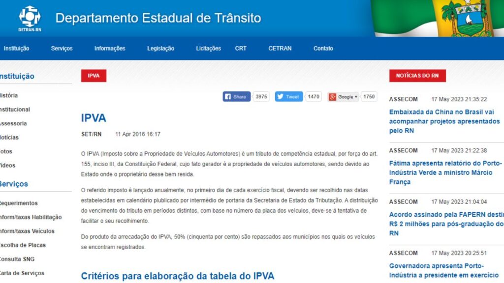 Print Screen do Detran-RN referente a informações sobre o IPVA.
