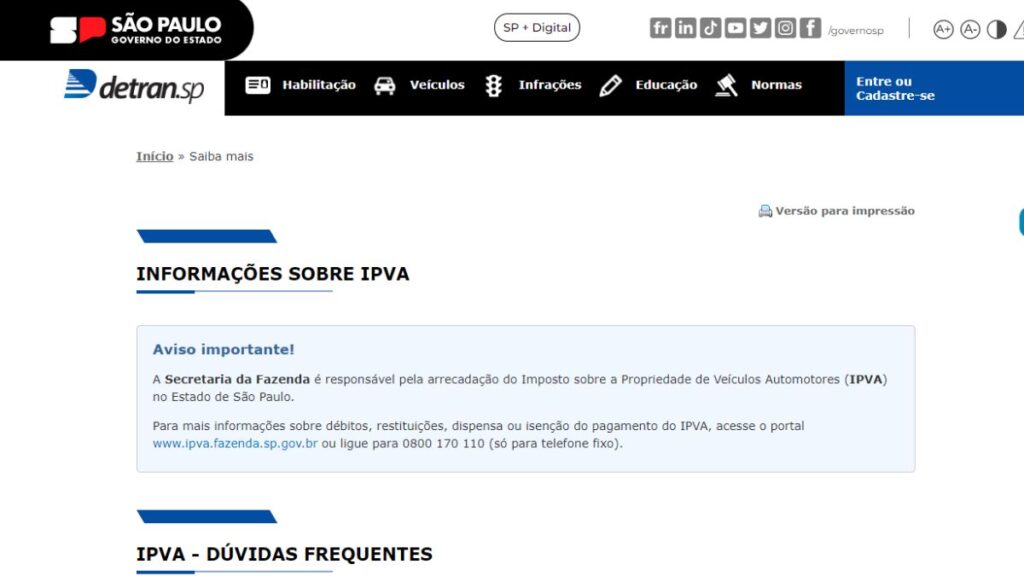 Print Screen do Detran-MG referente a informações sobre o IPVA. 