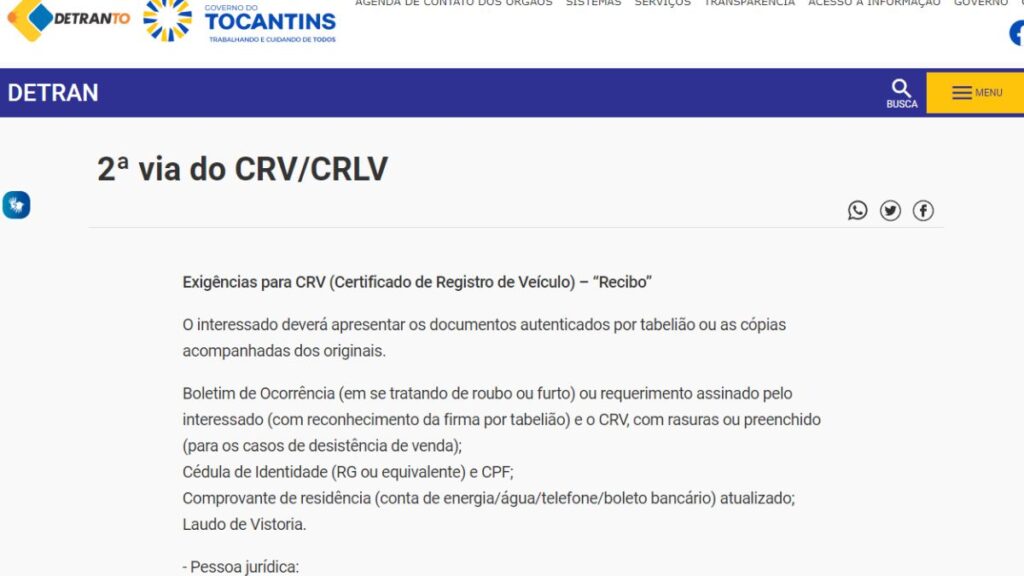 Print Screen do Detran-TO referente a informações sobre o Licenciamento.