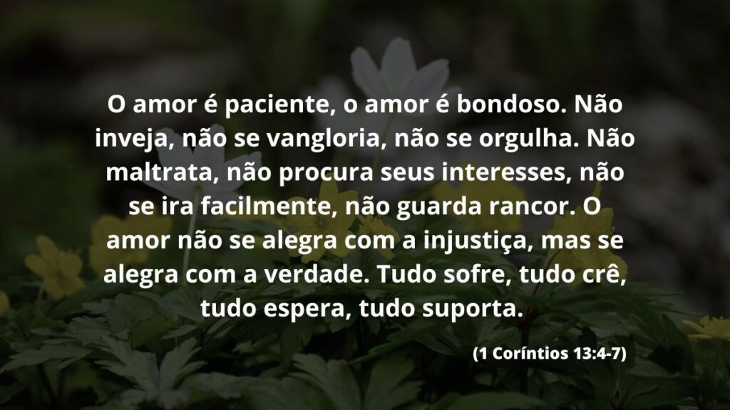O amor é paciente, o amor é bondoso. Não inveja, não se vangloria, não se orgulha. Não maltrata, não procura seus interesses, não se ira facilmente, não guarda rancor. O amor não se alegra com a injustiça, mas se alegra com a verdade. Tudo sofre, tudo crê, tudo espera, tudo suporta. (1 Coríntios 13:4-7)